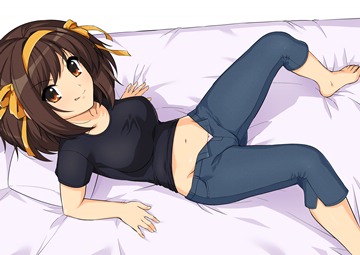 (e) Haruhi in plain clothes on the bed, pantsu peek by haruhisky