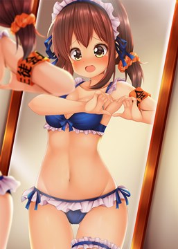 (e) Kaichou-chan in frilled bikini making a heart with hands in front of mirror by minato