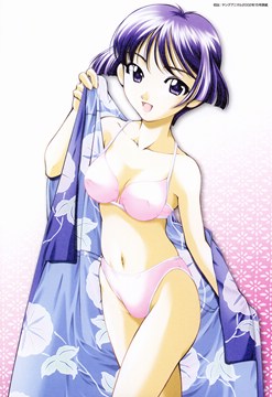 Aoi holding her kimono open to show pink underwear