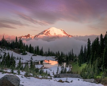 Mount Rainier from Tipsoo Lake at sunrise, thawing snow