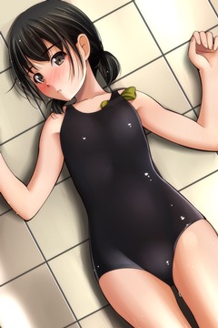 (e) reclining on tiled floor in a black one-piece swimsuit