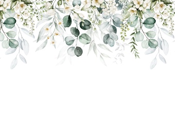 regular leaves & various white flowers from the top, white background