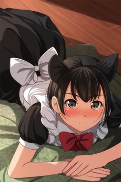 with cat ears, lying on a blanket on the floor