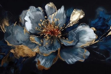 single blue flower with golden accents on black background