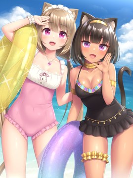 (e) 2 catgirls in frilled swimsuits at sea by sasaame