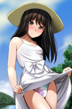 (e) lifting her summer dress to show pantsu