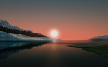 sunrise above rendered landscape with water body