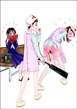 a3 girl in nurse costume holds enema bag and slaps the receiving girl