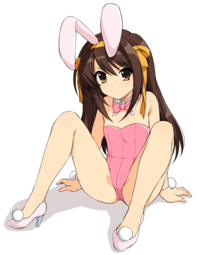 (e) younger Haruhi sitting in a pink bunnysuit by haruhisky