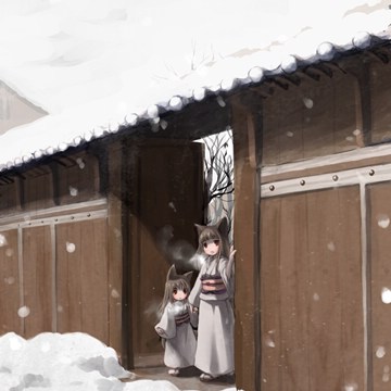 ! two girls with fox ears in kimono looking at snow out of a door in a wooden wall by shiden