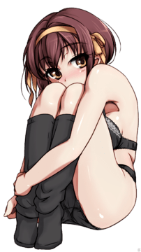 (e) Haruhi, knees over chin, black lingerie (extracted)