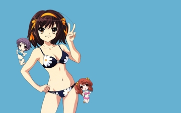 Haruhi in a two-piece swimsuit, chibi Yuki & Mikuru