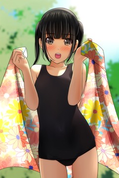 (e) in black swimsuit, holding floral towel