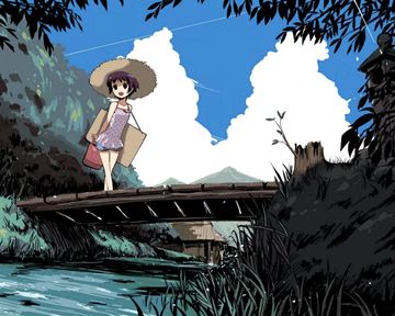 girl walking over a wooden foot bridge