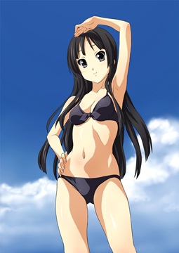 (e) Mio standing in black bikini, palm above her eyes by norizou type-r