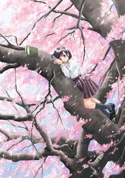 a girl on a sakura tree
