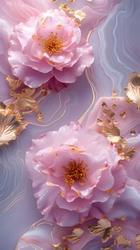 voluminous pink flowers on marble laced with gold leaves (AI)