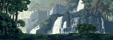 waterfalls through black rocks
