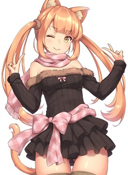 (e) orange catgirl in brown dress, pink scarf and belt by sasaame