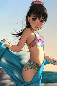 (e) in floral bikini, holding large towel around herself