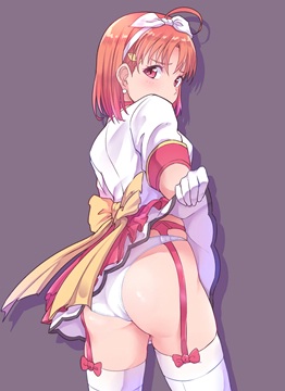 (e) Takami Chika lifting coat to show side of butt