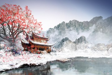 Kemono Island; Asian house by a pond, early snow, tree with red leaves