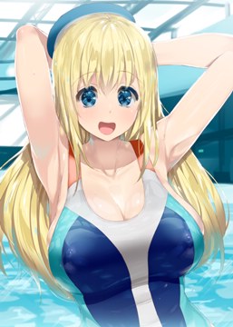 (e) Atago in one-piece swimsuit, arms up
