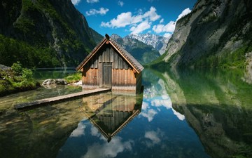 wooden boat shed in Lake Obersee, Berchtesgaden NP, Bavaria, Germany
