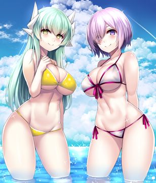 (e) Kiyohime & Mashu Kyrielite in bikini standing in shallow water