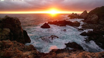rocky seashore, sunset