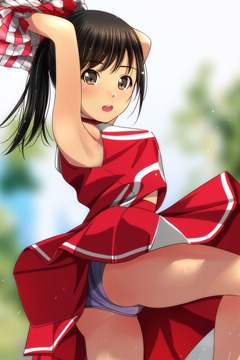 (e) cheerleader in a red dress, arms up, lifting knee for a panchira
