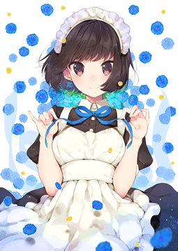 maid in dress, blue flowers, by mayuri kaichou