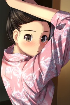 in a yukata, tying her hair