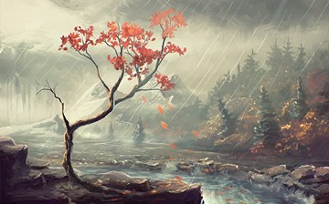 painting of an autumn tree by a mountain creek in the rain