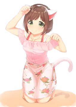 Maekawa Miku in pink clothes, cat accessories