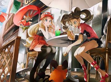 ! Serena & Shauna at the confectionery table, Shauna feeding Dedenne by orange mikan