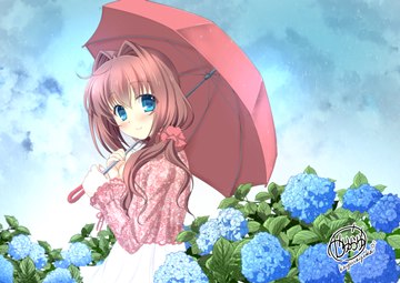 Asakura Otome walking through hydrangeas, holding umbrella by kayura yuka