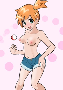 (b) topless Misty in shorts fidgeting with a poke-ball by kukaninugi