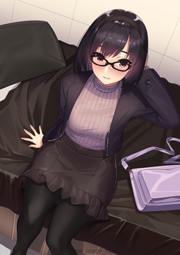 girl sitting on bed with dark sheets by kagematsuri