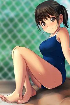 (e) sitting on the ground in a blue swimsuit