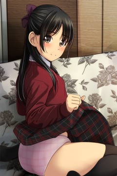(e) kneeling on bed, lifting plaid skirt, pantsu from the side