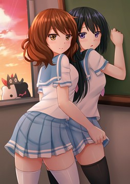 (y) Oumae Kumiko lifting Kousaka Reina's skirt