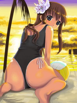 (e) Hitomi kneeling, attending a sea sunset, looking back by mikazuki akira