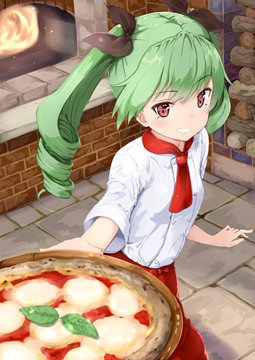 Anchovy holding a board with pizza