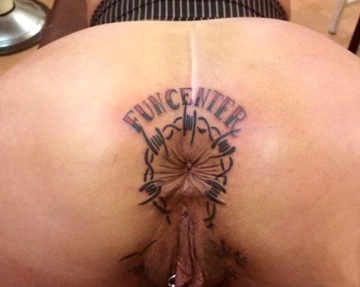 (s) Fun Center, barbed wire tattoo around anus
