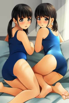 (e) two girls posing in one-piece swimsuits
