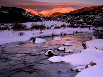 snowy Big Thompson River, Rocky Mountain NP, Colorado, USA (pink)