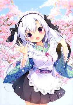 girl waving, cherry blossoms in the back