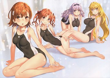 (e) (z) Misaka Mikoto, Shirai Kuroko, Shokuhou Misaki & Hokaze Junko in swimsuits by raika9