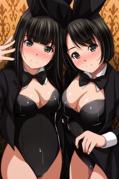 (e) 2 girls with bunnysuits under jackets